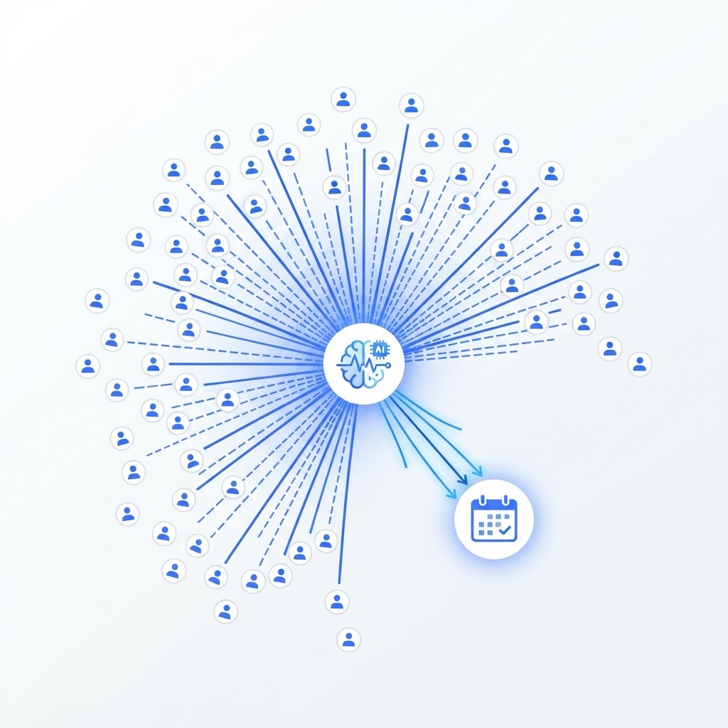 Diagram of AI outbound messages reaching thousands of real estate leads and converging into booked appointments